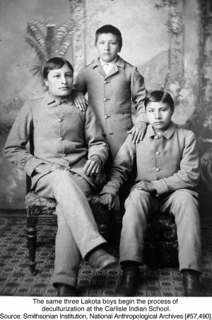 The same three Lakota boys begin the process of deculturization at the Carlisle Indian School. Source: Smithsonian Institution, National Anthropological Archives [#57,490].